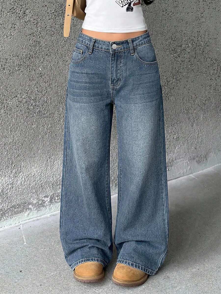 Teen Girl Y2k Dark Blue Denim Loose And Comfortable Straight-Leg Jeans For Rave Outfits Festival - Medium Wash - View 1