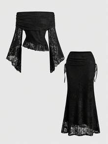 ROMWE Setelan 2 Potong Gaya Gothic Gelap: Atasan Renda Lengan Lonceng Tanpa Bahu & Rok Duyung Ketat - Hitam - View 1