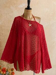 Soleia Long Sleeve Asymmetrical Shoulder Knit Jacquard Loose Fit Split Hem Top - Red - View 4
