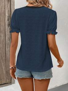 EMERY ROSE Women's Summer Casual Mesh Embroidered Lace Patchwork T-Shirt - Navy Blue - View 2