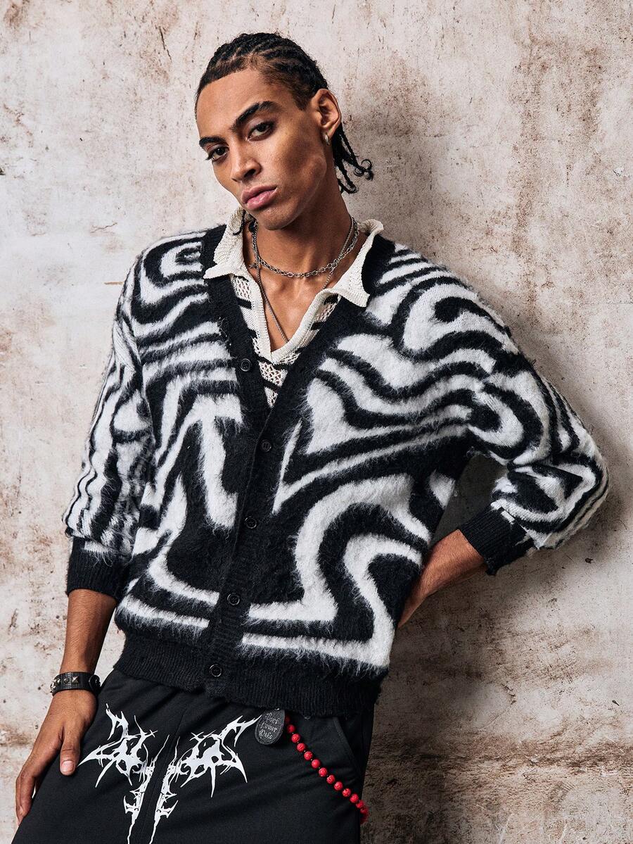Skyrend Casual Loose V-Neck Long Sleeve Button-Up Cardigan, Zebra Print High Street Style Unisex Top, Suitable For Spring, Autumn And Winter Fall/Autumn/Winter Halloween Grunge - Black - View 1