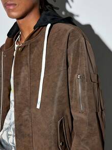 Modcrash Men's Loose Fit Motorcycle Leather Jacket With Hood, New Autumn/Winter Design Fall/Autumn/Winter - Coffee Brown - View 7