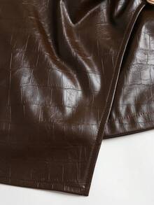 Sweetra Women's Brown PU Embossed Mini Sexy Casual Decorative Metal Buckle Skirt - Brown - View 4