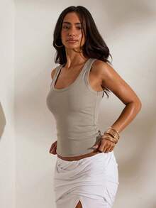 Opulessa Spring/Summer Vacation Solid Color Knit Fitted Women's Tank Top - Khaki - View 4