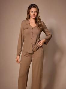 Lazeform Women's Vintage Textured Lapel Long Sleeve Wide Leg Drape Elastic Loungewear Set - Coffee Brown - View 1