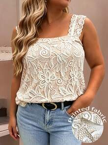 EMERY ROSE Plus Size Women's Spring/Summer Casual Style: Minimalist Versatile Vacation Style Lace Print Knit Tank Top, Elastic Fabric, Wavy Lace Trim, Suitable For Spring/Summer Wear - Multicolor - View 1