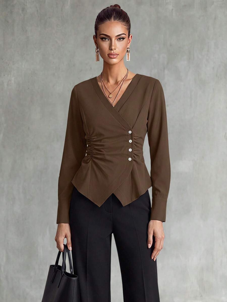 Franclia Women's Elegant Commuter Solid Color Wrap Ruched Waist Shirt - Brown - View 1