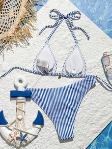 Swim Vcay Bộ bikini 2 mảnh nữ cúp tam giác họa tiết sọc tôm hùm, gợi cảm độc quyền, cạp cao - Màu xanh nhạt - Xem 2