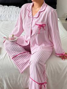 Napfluff CURVE Napfluff CURVE Sweet Fresh Pink & White Striped Colorblock Bow Plus Size 2 Pieces Pajama Set - Pink - View 5