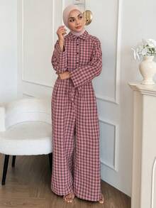 DAZY Autumn Plaid Loose Women's Loungewear Jumpsuit - Pink - View 5