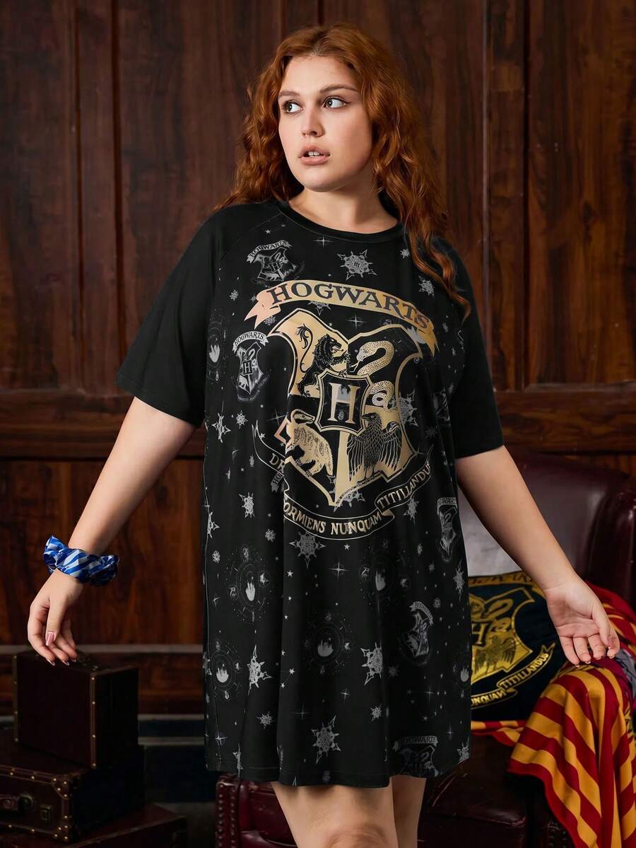 HARRY POTTER X SHEIN 大尺碼夏季短袖睡袍 - 黑色 - 查看 1