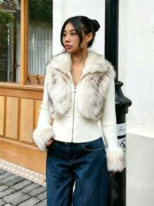 Autumn/Winter Girls' Stylish Fur Patchwork Jacket, Big Tween Girl' Gentle Ribbed Waist-Cinched Short Jacket, Large Raccoon Fur Zipper Top, Tween GirlsSnug Fit Thickened Fleece Cuff Versatile Sweet Winter Top - White - View 3