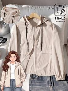 Rusticease Plus Size Women's Solid Color Drawstring Hooded Casual Baggy Business Elegant Everyday Hiking Long Sleeve Jacket Autumn Fall Going Out Teacher Grey - Khaki - View 1