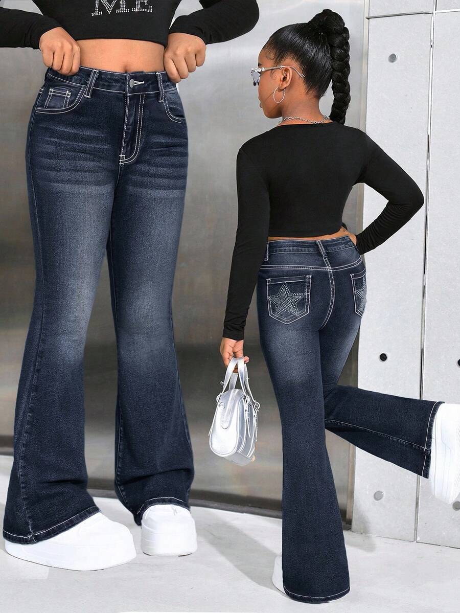 SHEIN Quần jeans ống loe phong cách Y2K cho bé gái tuổi teen, họa tiết ngôi sao đính đá, thích hợp cho mùa thu tựu trường. - Rửa tối - Xem 1
