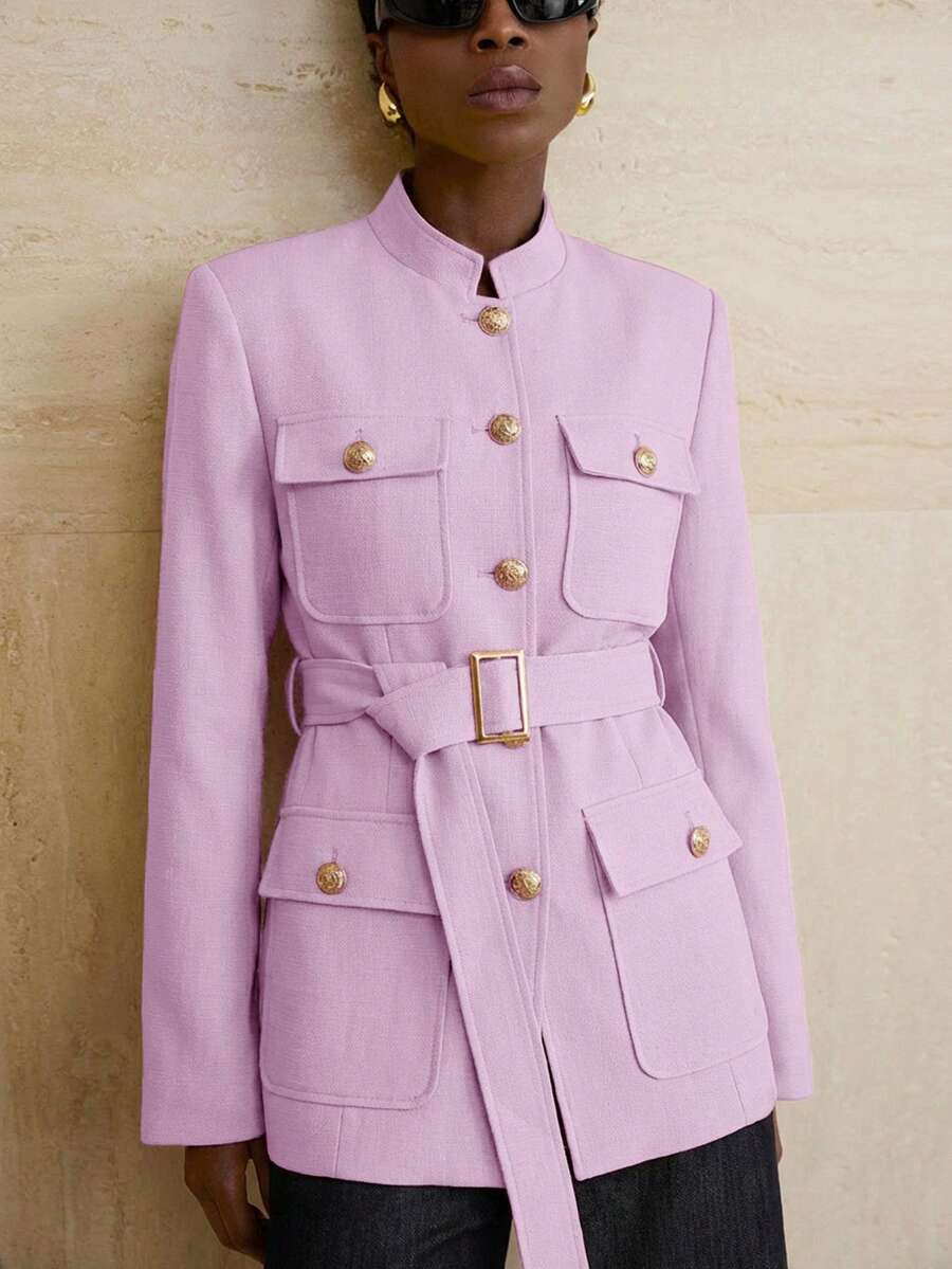 Aveloria Modichic Small Stand Collar Tweed Single-Breasted Metal Button Decor Belted Utility Style Jacket - Pink - View 1