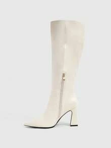 CUCCOO SZL Chic White Pointed Toe High Boots With Block Heels For Women Fall Boots - Beige - View 4