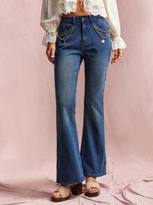 Willow Rêve Women's Navy Blue High-Waist Flared Jeans, Solid Washed Denim Chain-Decor Button Pockets, Retro Street 90s Vintage 70s Summer Everyday Night Out - Blue - View 6