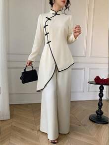 Celisse Women's Autumn/Winter Beige New Chinese Style 2 Pieces Set, Stand Collar Frog Button Asymmetrical Ruffle Hem Top And Wide Leg Long Pants - Apricot - View 3