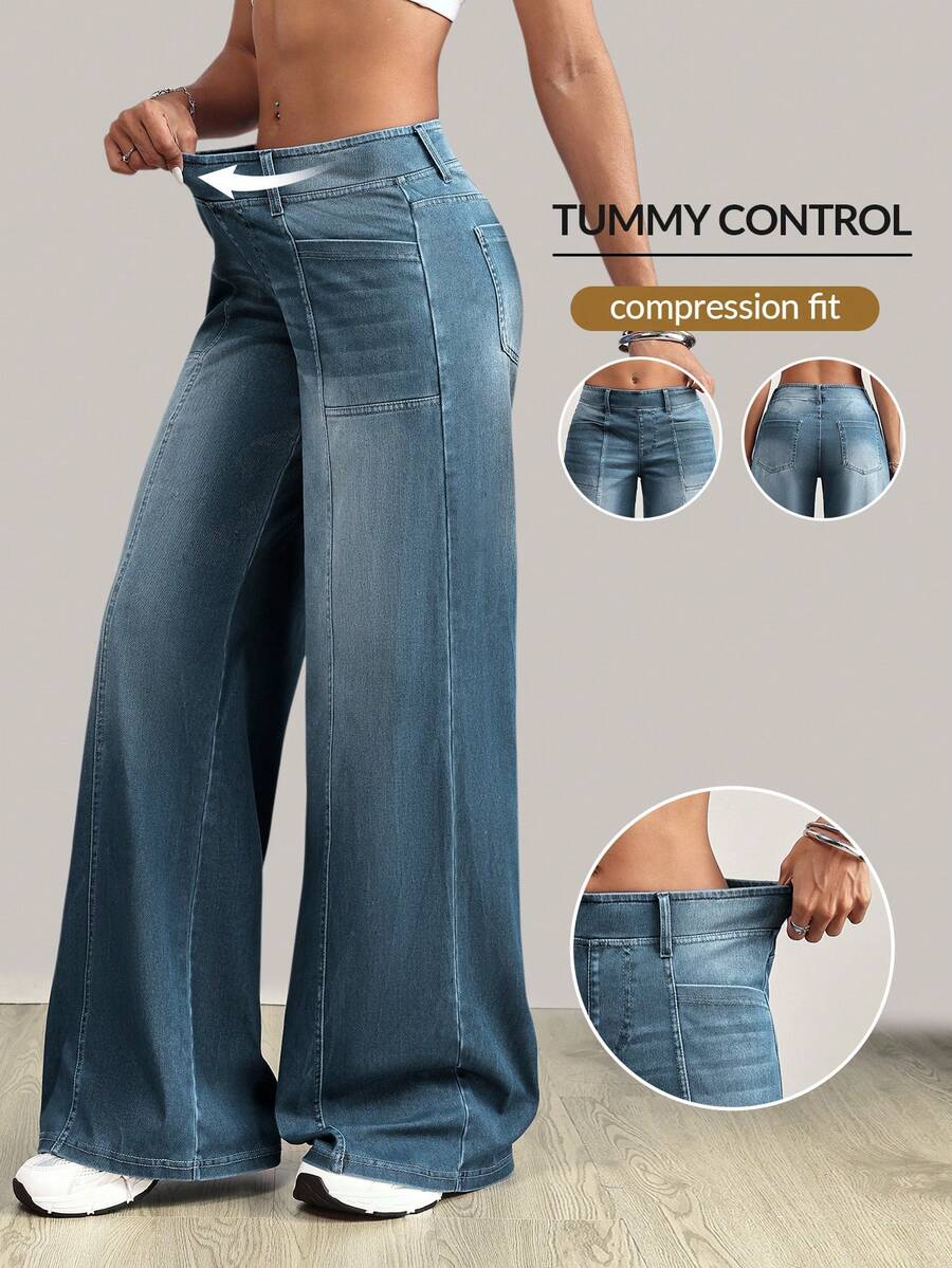 SHEIN Tall Front Patchwork Washed Wide Leg Denim Jeans - Grey - View 1