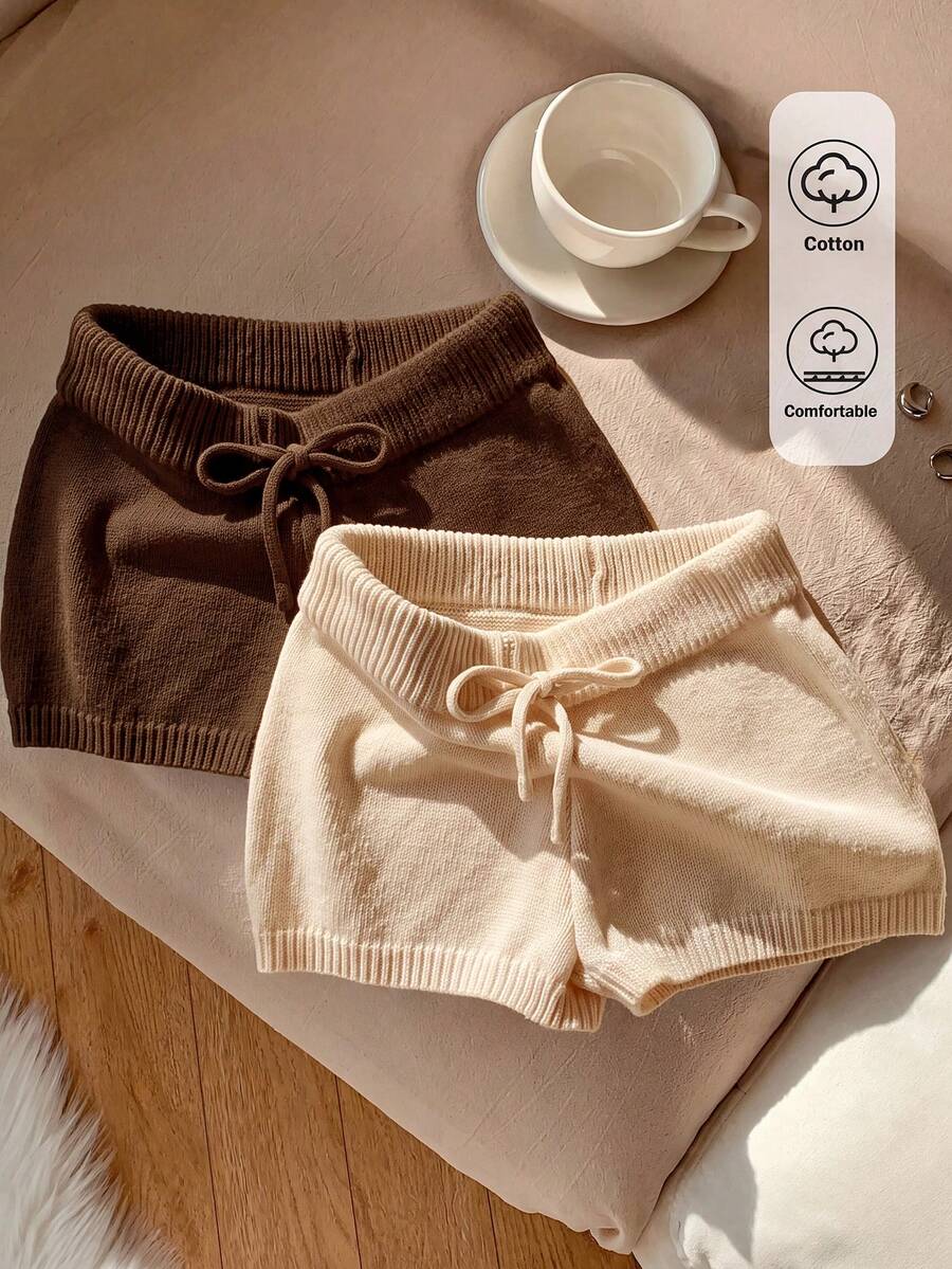 Comfortcana 女款柔軟舒適抽繩腰針織短褲 2件組 - 彩色 - 查看 1
