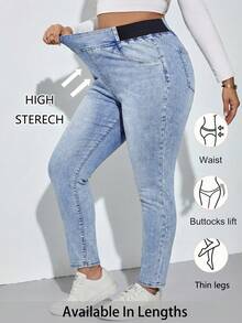 SHEIN Tall CURVE 大尺碼淺藍色夏季日常休閒女款高彈力牛仔褲，Y2K街頭風哥德頹廢風，適合生日、夜店、機場穿搭 - 中等水洗藍 - 查看 1