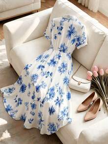 Ceyna Plus Size Women's Summer Short Sleeve Dress, Elegant Shirt Collar Tie Waist Midi Dress, Suitable For Casual, Vacation And Commute Occasions, Daily Wear, Party, Date, Shirt Dress, Floral Dress - Blue and White - View 3