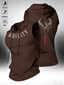 Acti Log Men's Letter Print Hooded Sports Tank Top - Brown - View 1