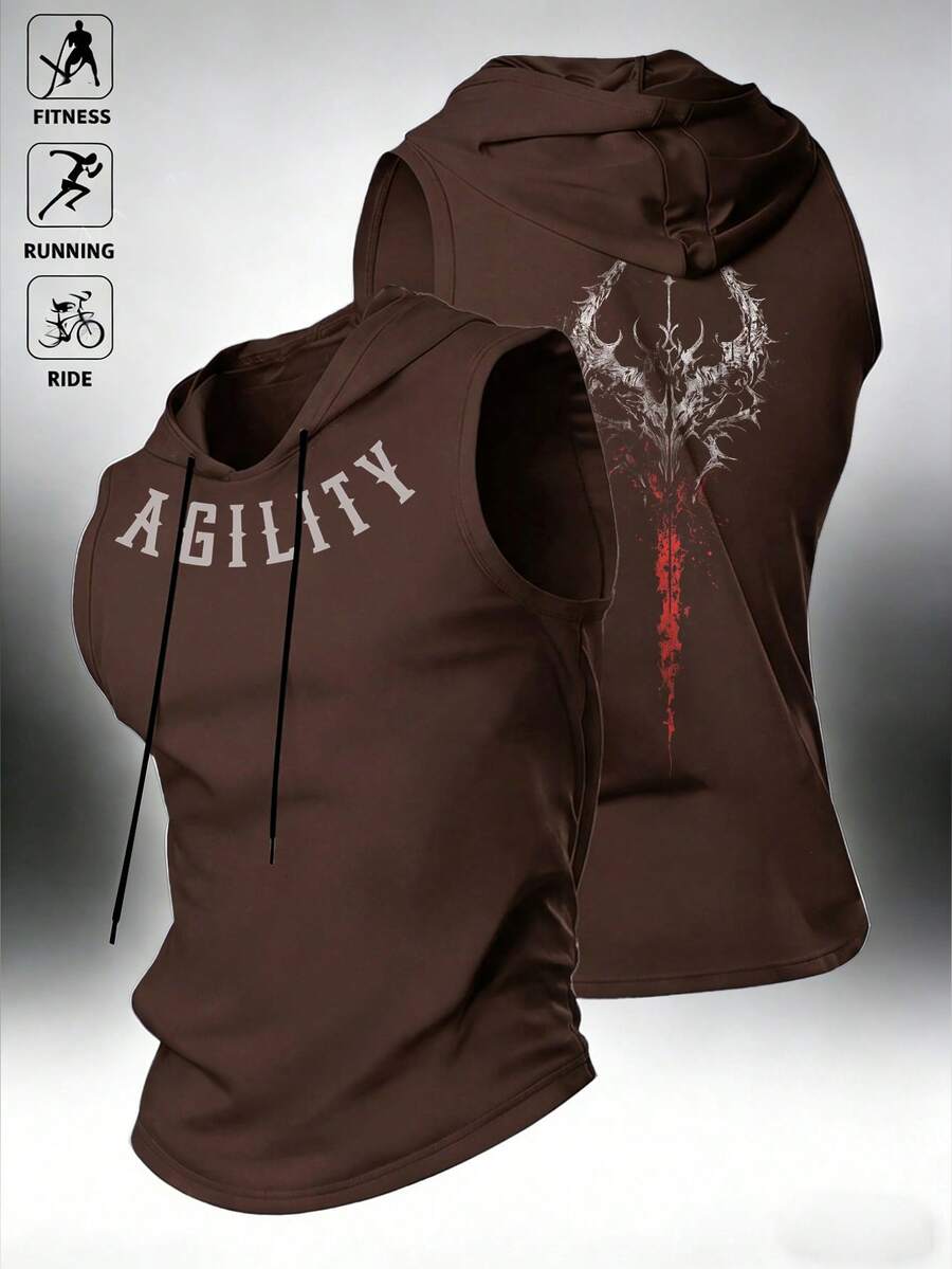 Acti Log Men's Letter Print Hooded Sports Tank Top - Brown - View 1
