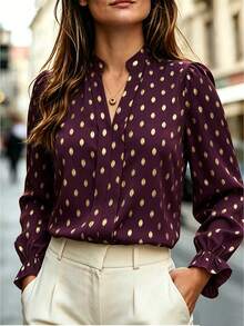Velvienne Plus Size Woven Casual Gold-Embroidered Autumn Shirt - Red Violet - View 4