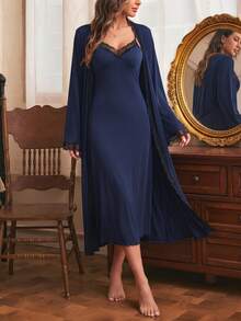 Côtesoire Lace Trim Slip Sleep Dress & Belted Robe Pajama Set, Fall Winter Clothes Cozy And Elegant Details - Navy Blue - View 1