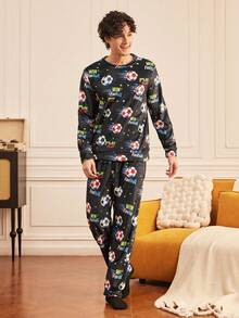 Notgurli 足球印花趣味男士長袖上衣與長褲家居服套裝 - 彩色 - 查看 3