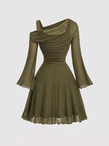 SHEIN MOD Women's Solid Color Asymmetric Collar Flared Sleeve Fashion Mesh Mini Dress - Army Green - View 2
