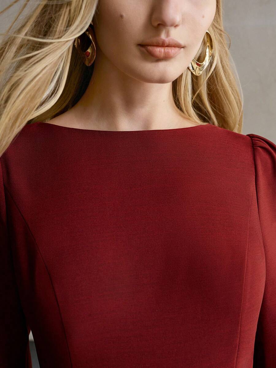 MOTF PREMIUM FASHIONABLE DESIGN EXQUISITE PLEATED LONG SLEEVE BOAT NECK SHORT DRESS - Burgundy - View 2