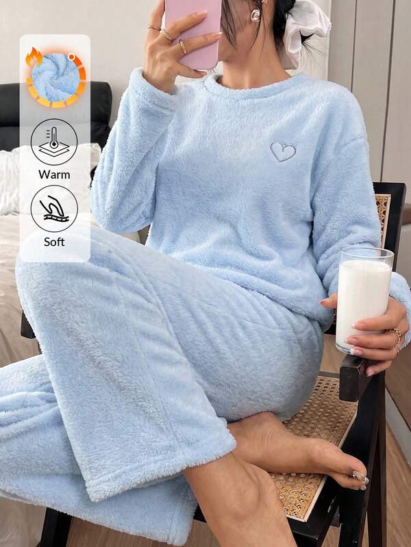 SHEIN Solid Color Plush Heart Embroidery Drop Shoulder Lounge Casual Pajama Set