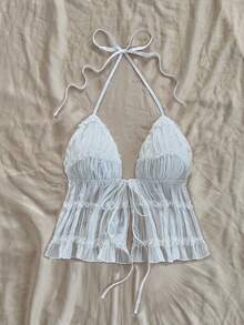 Soleia White Summer Textured Backless Tank Top For Women,Adjustable Straps Chiffon Lace Off The Shoulder Western Top No Chest Padding - White - View 3