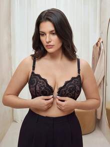 Bralution Black Underwire Molded Cup Bra, High Support, Push-Up Lift, Chain Decor, Lace Patchwork, Shiny, Front Closure, Romantic Elegant, Plus Size - Black - View 3