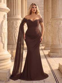 Glamrae Plus Size Elegant Romantic Coffee Brown Chiffon Off-Shoulder Cap Sleeve Asymmetrical Ruffle Ruched Fitted Mermaid Hem Evening Gown Formal Party - Coffee Brown - View 3