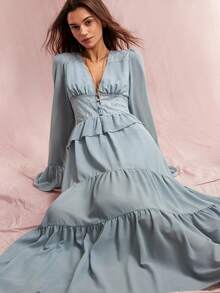 Willow Rêve Women's Dusty Blue V Neck Long Sleeve Maxi Dress Lace Patchwork Ruffle Peplum Tiered Hem Romantic Elegant Autumn Wedding Brunch Tea Party Gown - Green - View 8