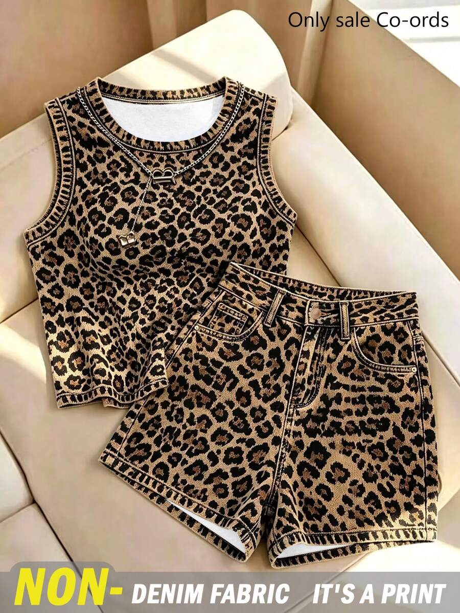 Franclia Women's Leopard Print Round Neck Tank Top And Shorts Set - Multicolor - View 1