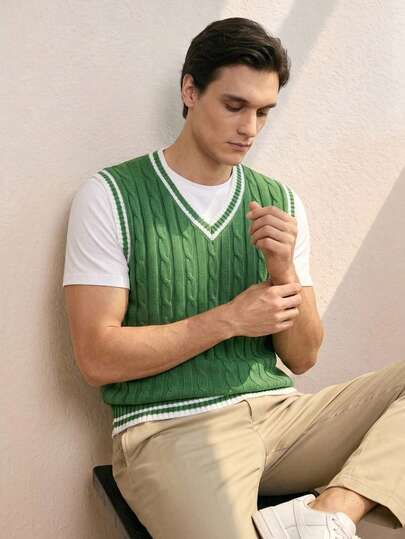 RONVEXI Men's Striped V-Neck Casual Versatile Knit Vest