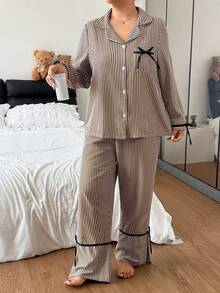 Napfluff CURVE Napfluff CURVE Sweet Striped Collared Plus Size Pajama Set, Bow Tie Cuffs And Hem Comfortable 2 Pieces Set - Multicolor - View 3