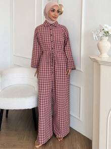 DAZY Autumn Plaid Loose Women's Loungewear Jumpsuit - Pink - View 3