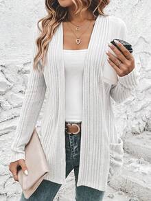 EMERY ROSE Cardigan de punto acanalado casual para mujer con ajuste regular & frente abierto en otoño/invierno - Blanco - Ver 1