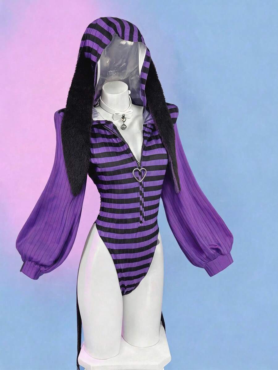 Sunspun Plus Size Women's Striped Knitted Elastic Fitted Hooded Rabbit Ear Long Sleeve Bodysuit Cute Summer Halloween Night Out Club - Multicolor - View 1