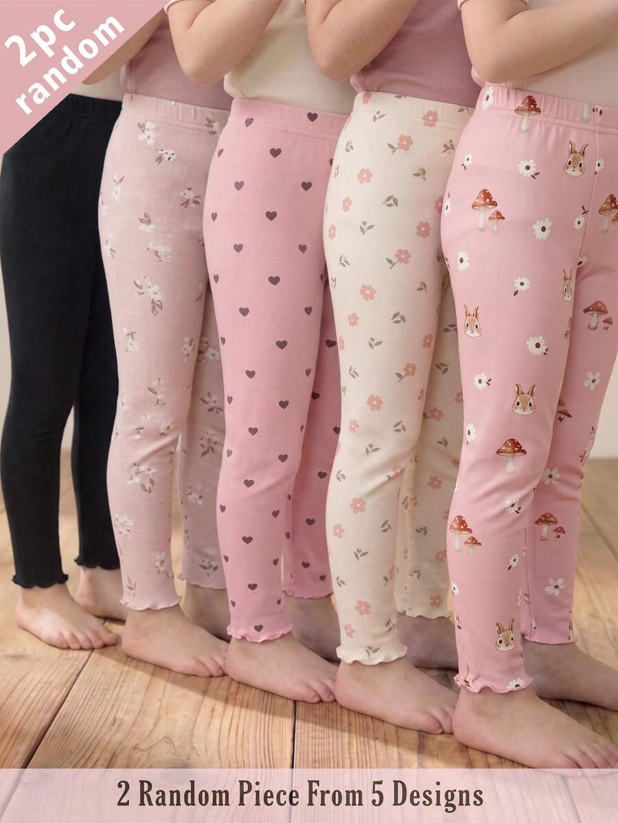 Souflis Souflis 2pcs Randomly Sent Spring Summer All Season Girls Heart Flower Sweet Cute Versatile Soft Comfortable Ribbed Ribbed Knit Leggings - Multicolor - View 1