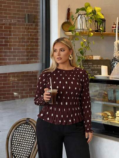 Auralis New Autumn Plus Size Cinched Waist Brown Polka Dot Women's Top/Long Sleeve Back To School Vintage Style Fall/Winter Casual Polka Dot Work Top Women