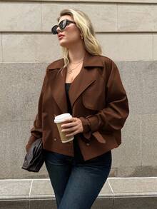 Auralis Plus Size Streetwear Minimalist Button Long Sleeve Lapel Trench Coat Fall - Rust Brown - View 2