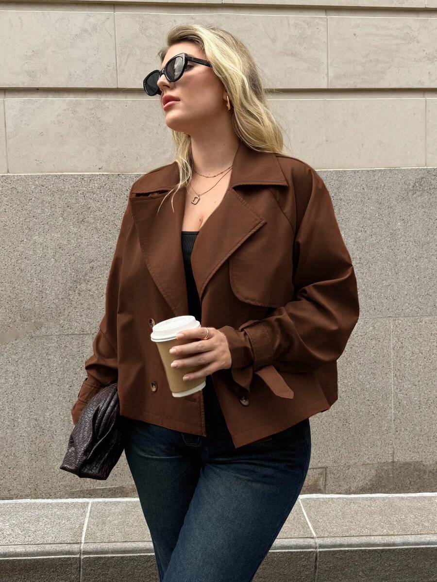 Auralis Plus Size Streetwear Minimalist Button Long Sleeve Lapel Trench Coat Fall