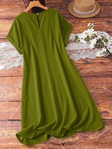 EMERY ROSE Plus Size Summer Casual Woven Fabric Knee Length Dress With Plain Pattern And Flared Hem Short Sleeves - Lime Green - View 2