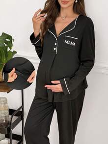 Moonlight&Mama Casual Solid Color Letter Print MAMA Lapel Long Sleeve Button-Up Pullover Trim Top And Pants Maternity Loungewear Set - Black - View 1